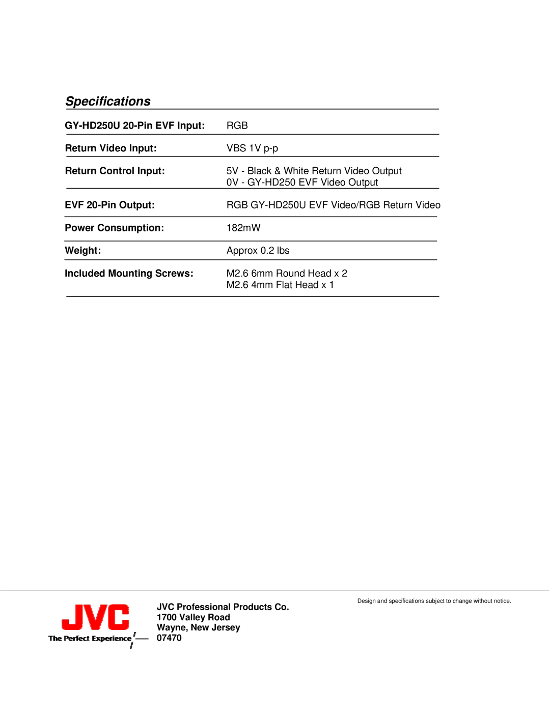 JVC KA-R25U manual Specifications, Included Mounting Screws 