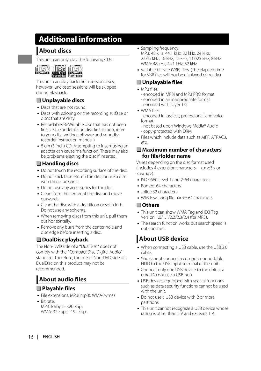 JVC KD-R538, KD-A535, KD-R438 manual About discs, About audio files, About USB device, Additionalitional i formatiinformation 