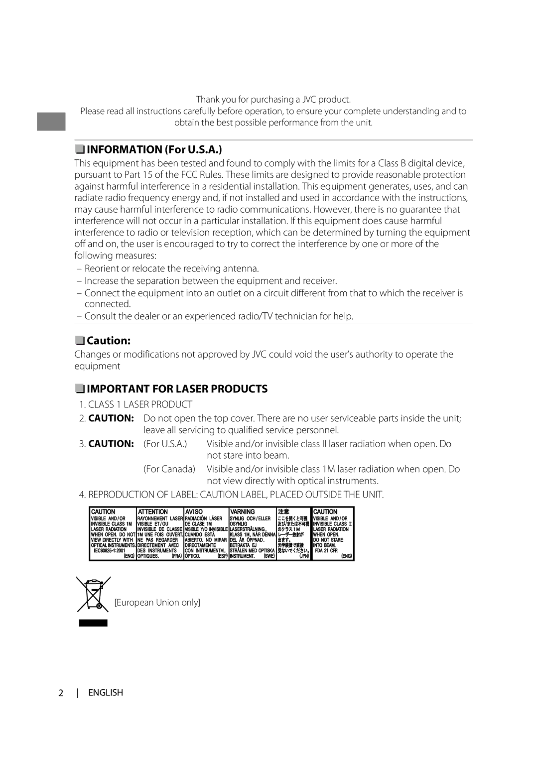 JVC KD-R438 Information For U.S.A, Not stare into beam, For Canada, Not view directly with optical instruments, English 