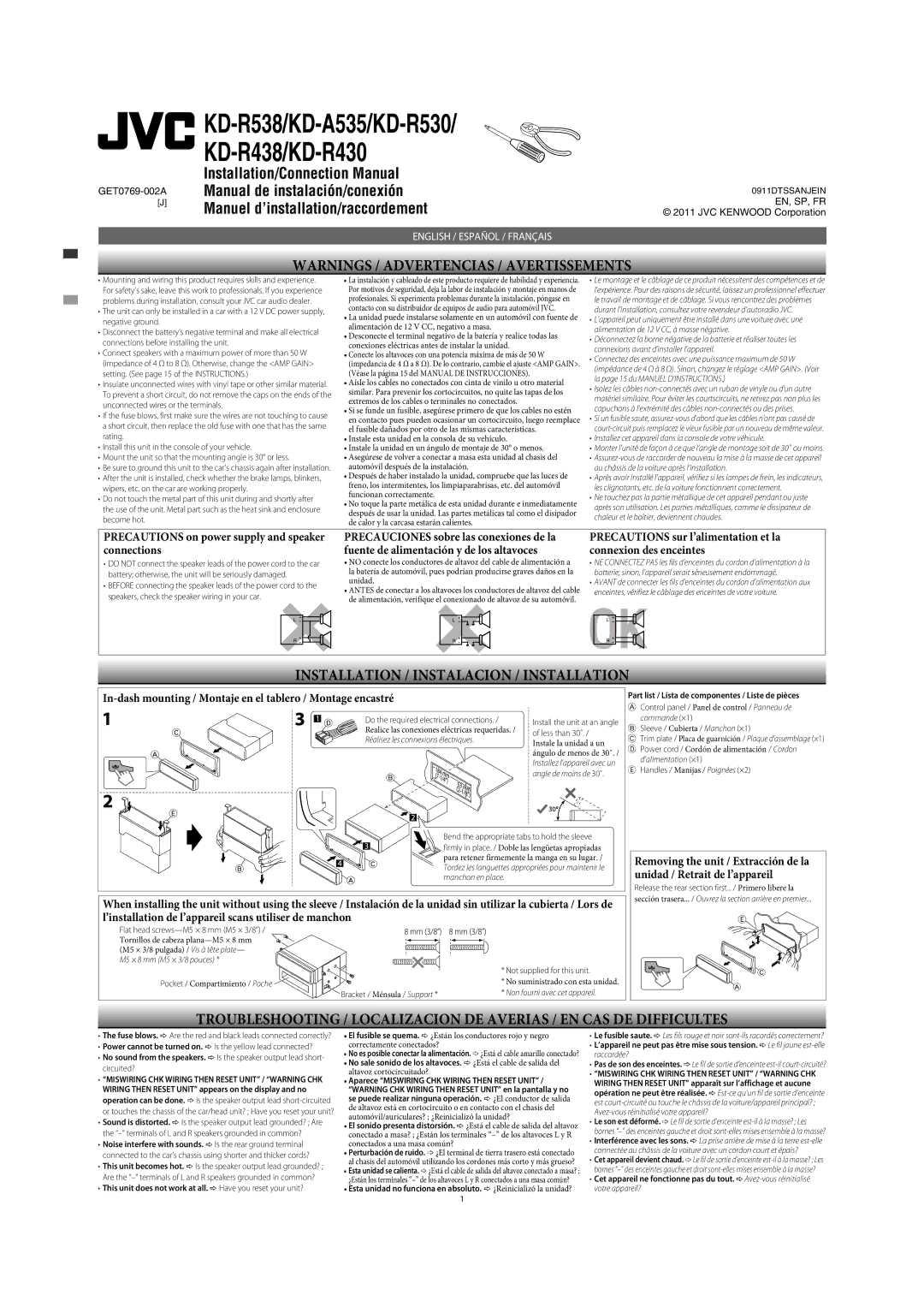 JVC KD-R538, KD-A535 Do the required electrical connections, Less than 30˚, Bend the appropriate tabs to hold the sleeve 