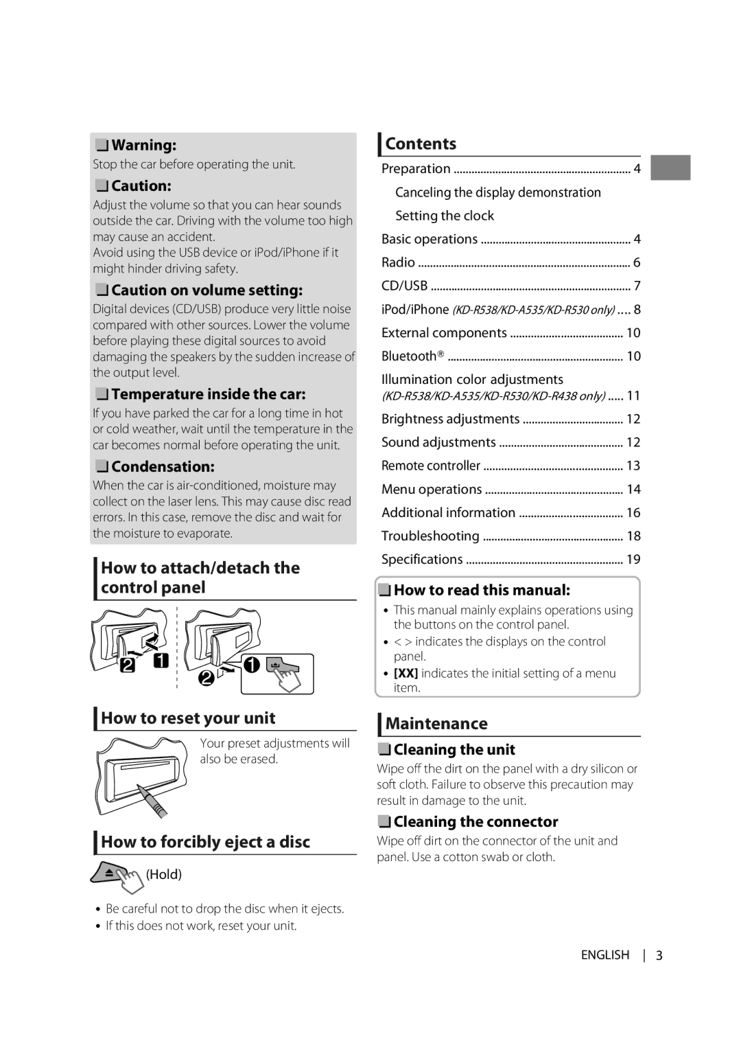 JVC KD-R530, KD-A535 How to attach/detach the control panel Contents, How to reset your unit, How to forcibly eject a disc 