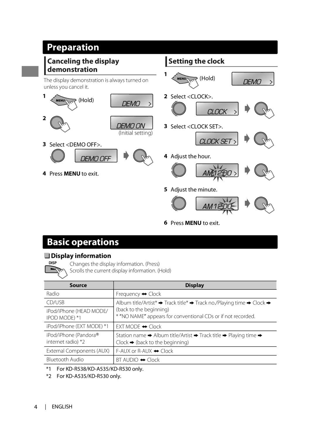 JVC KD-R430, KD-A535, KD-R538, KD-R438, KD-R530 Basic operations, Setting the clock, Preparationtion, Display information 