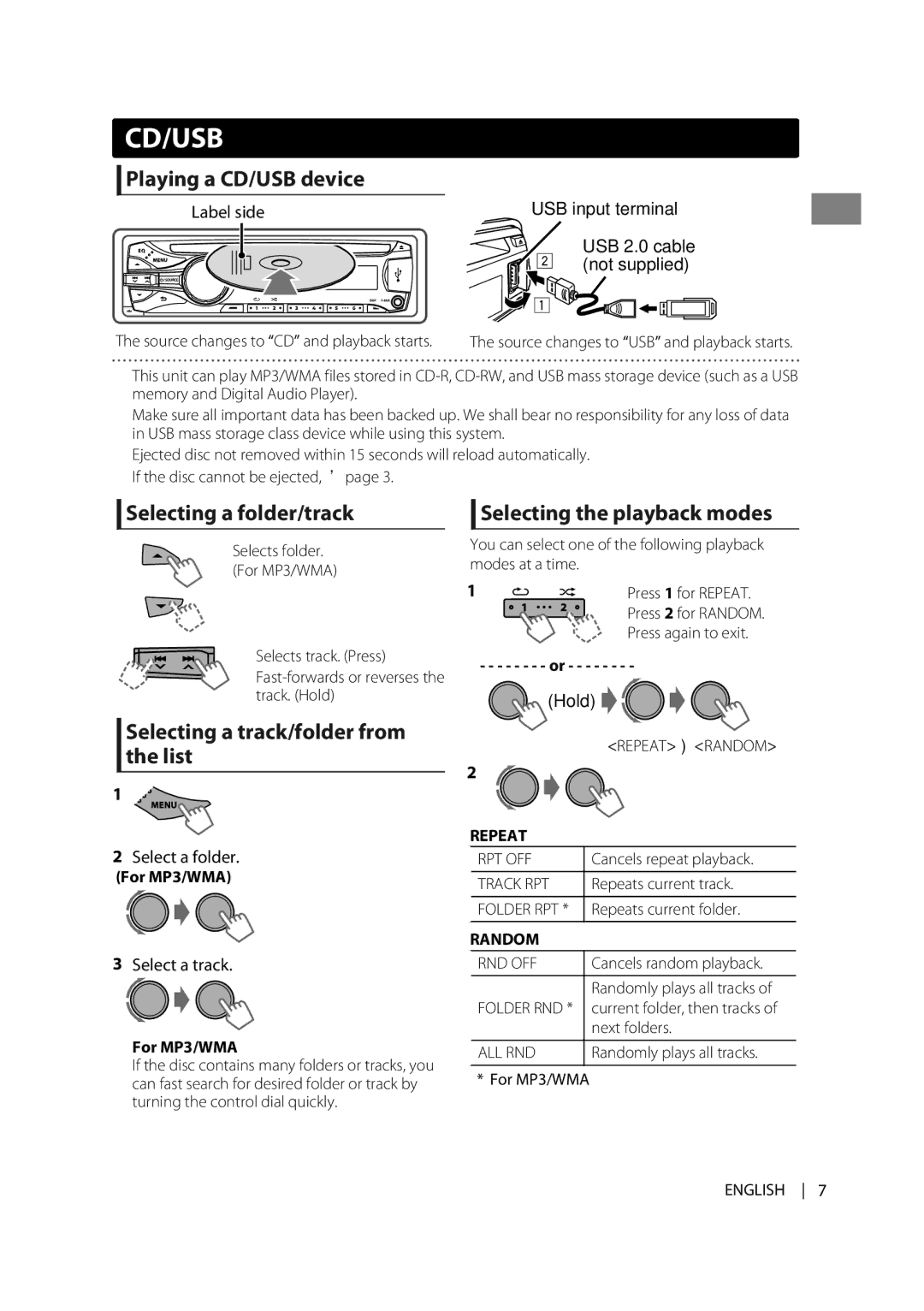 JVC KD-R438, KD-A535, KD-R538 Playing a CD/USB device, Selecting a folder/track, Selecting a track/folder from the list 