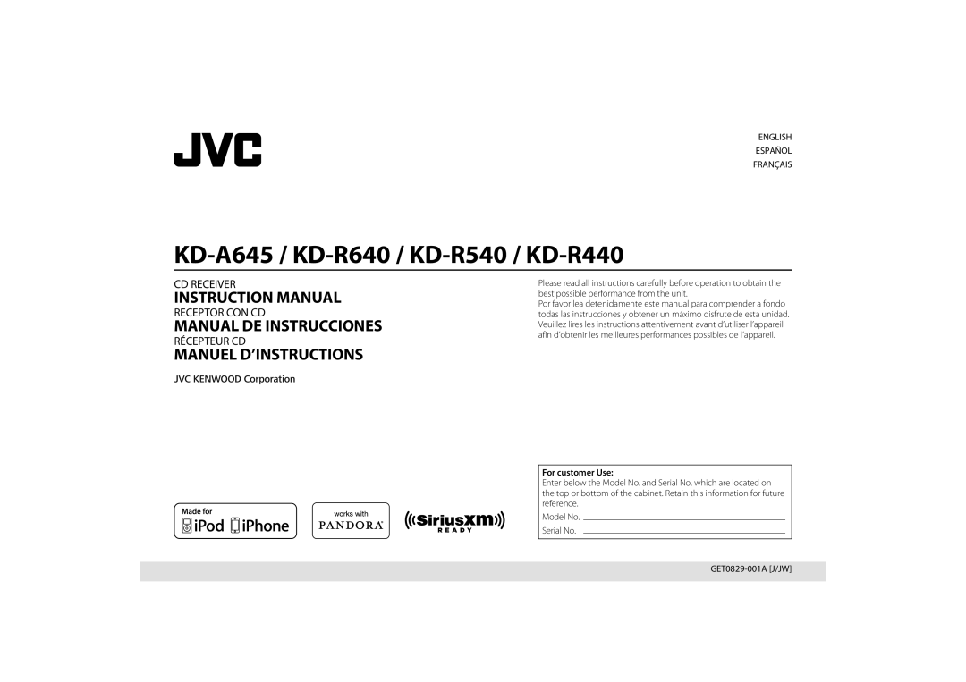 JVC KD-R440, KD-A645, KD-R640, KD-R540 manual English Español Français, For customer Use 