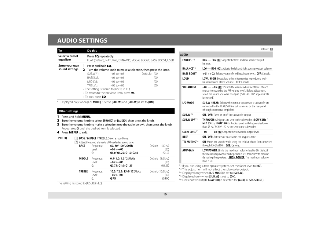 JVC KD-R640, KD-A645, KD-R440, KD-R540 manual Audio Settings 