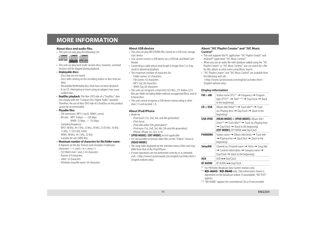 JVC KD-R540, KD-A645, KD-R440, KD-R640 manual More Information, Aux 