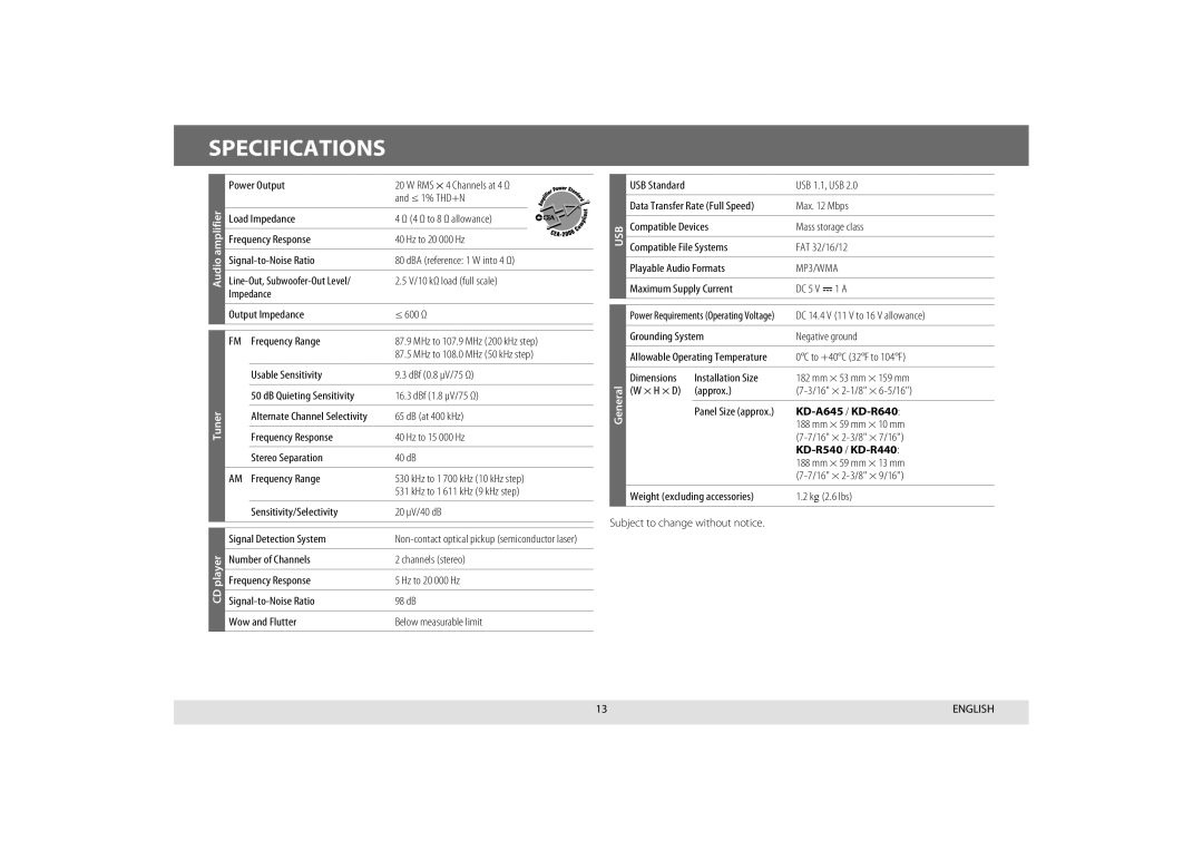 JVC manual Specifications, Audio, Player, KD-A645 /KD-R640, KD-R540 /KD-R440 