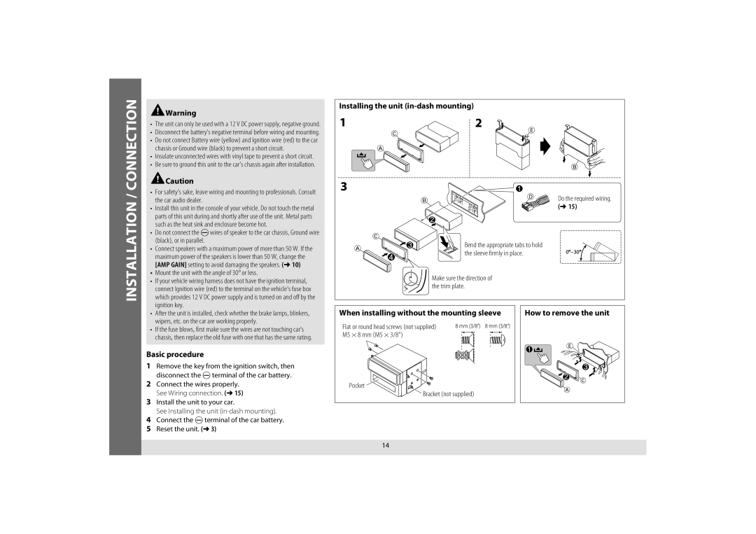 JVC KD-R640, KD-A645 Installing the unit in-dash mounting, Basic procedure, When installing without the mounting sleeve 