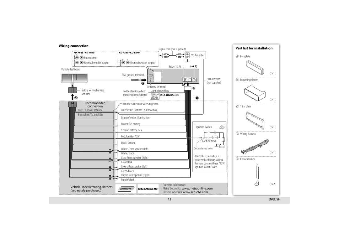 JVC KD-R540, KD-A645, KD-R440, KD-R640 manual Wiring connection, Part list for installation 