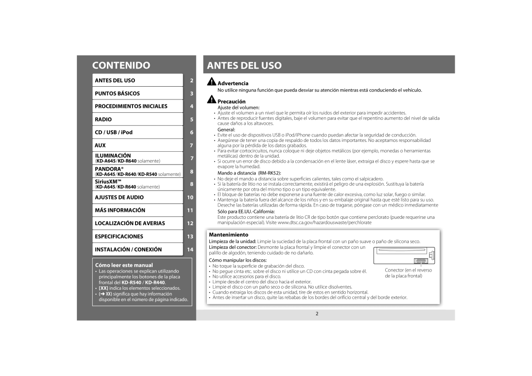 JVC KD-A645, KD-R440, KD-R640, KD-R540 manual Contenido, Antes DEL USO, Advertencia, Precaución, Mantenimiento 