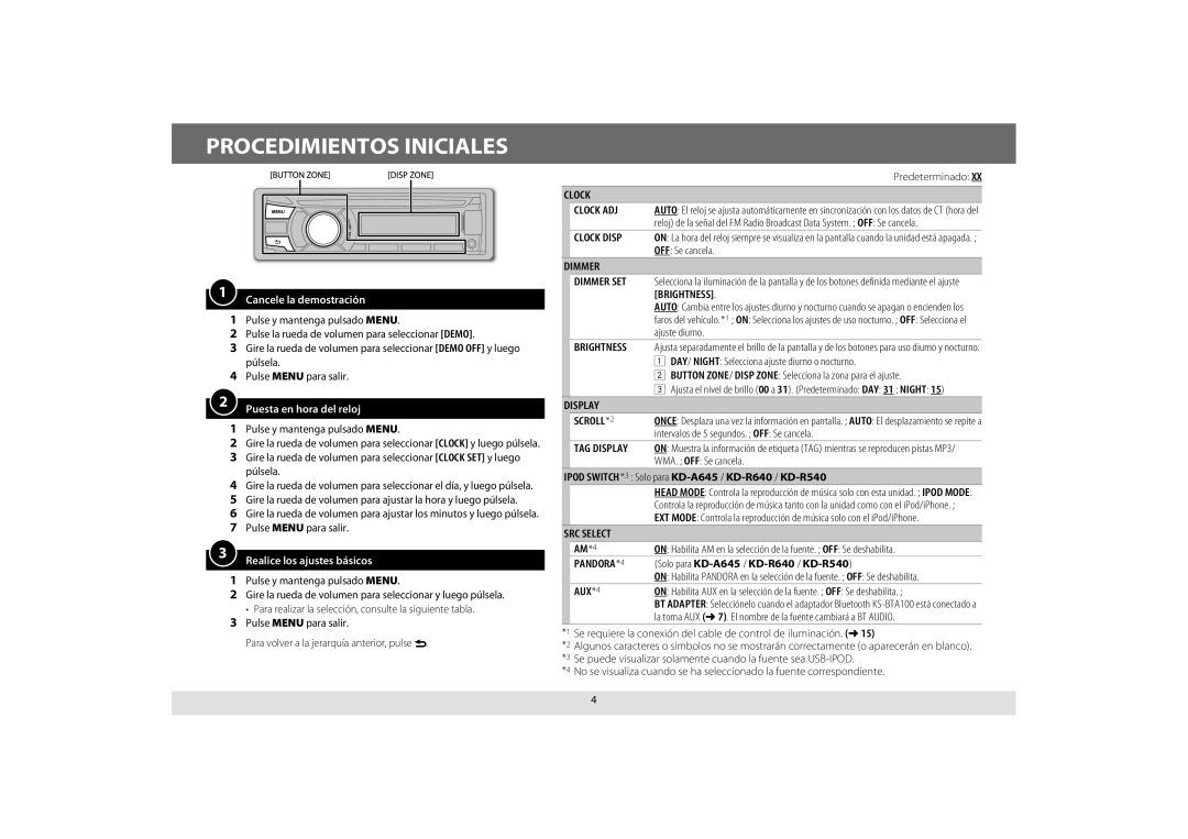 JVC KD-R640, KD-A645, KD-R440, KD-R540 manual Procedimientos Iniciales, Dimmer, Display SCROLL*2 