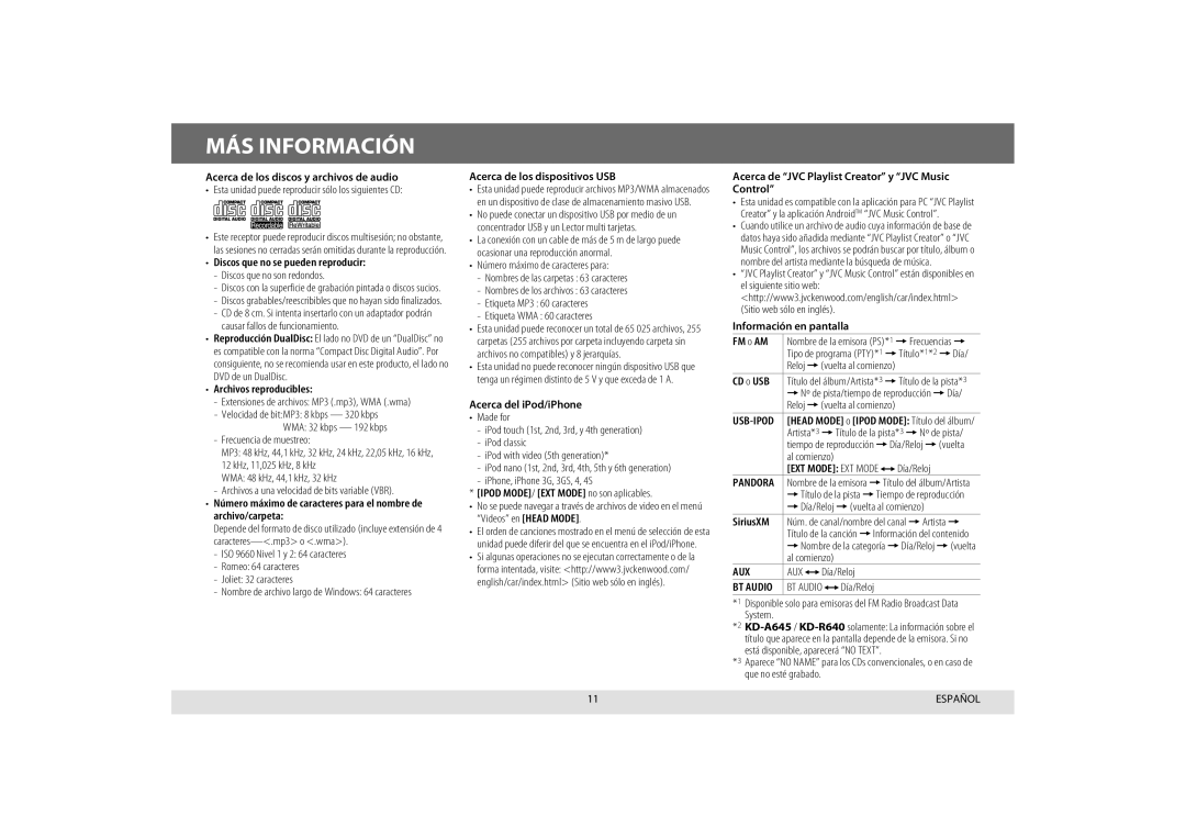 JVC KD-R440, KD-A645, KD-R640, KD-R540 manual MÁS Información 