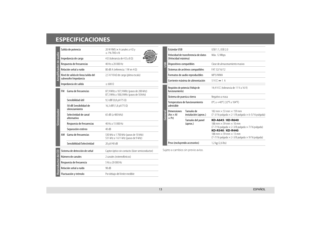 JVC KD-R540, KD-A645, KD-R440, KD-R640 manual Especificaciones 