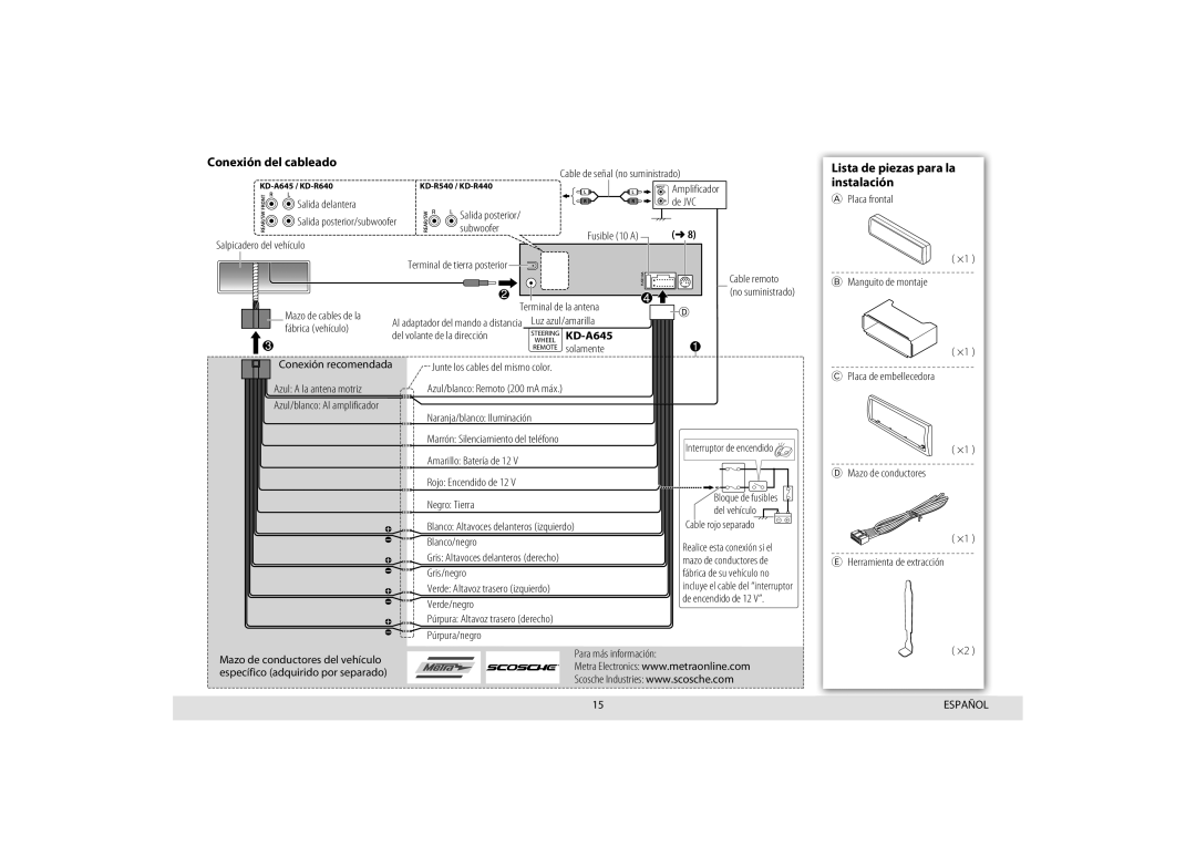 JVC KD-R440, KD-A645, KD-R640 manual Conexión del cableado Lista de piezas para la, Instalación, Salida delantera, Subwoofer 