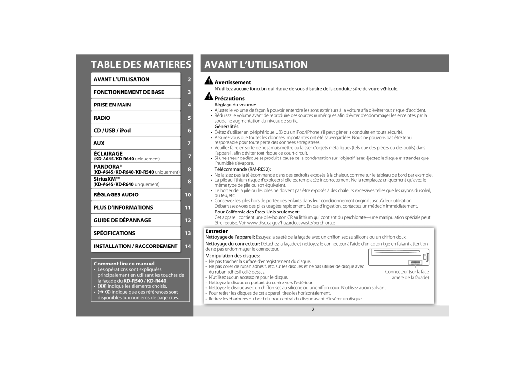 JVC KD-R640, KD-A645, KD-R440, KD-R540 manual Table DES Matieres, Avant L’UTILISATION, Avertissement, Précautions, Entretien 