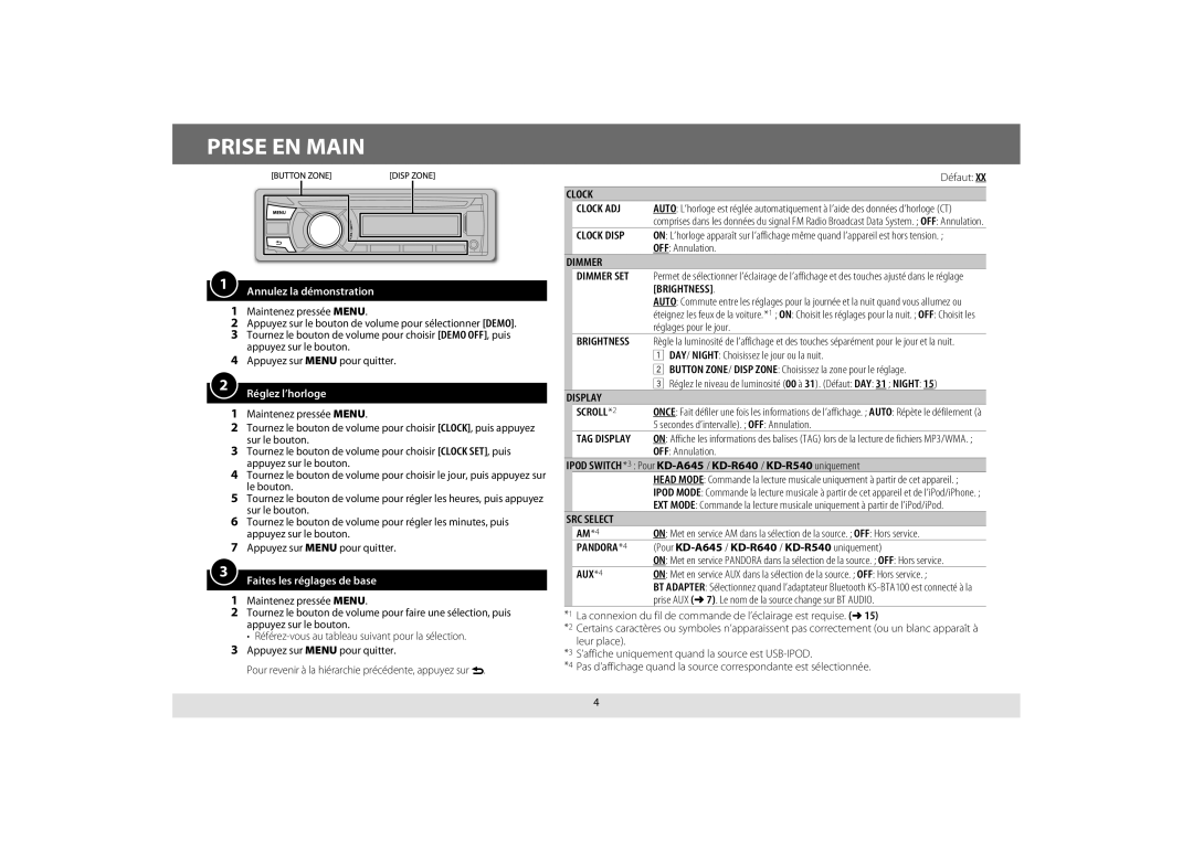 JVC KD-A645, KD-R440 Prise EN Main, Annulez la démonstration, Réglez l’horloge, Faites les réglages de base, Brightness 