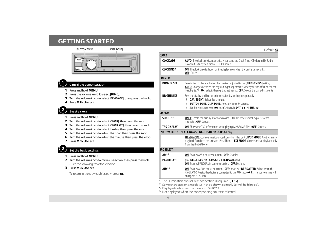 JVC KD-A645, KD-R440, KD-R640, KD-R540 manual Getting Started 