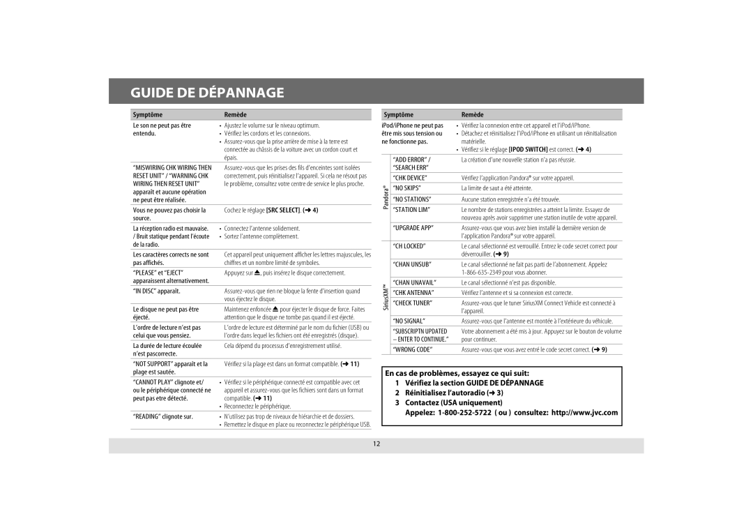 JVC KD-A645, KD-R440, KD-R640, KD-R540 manual Guide DE Dépannage, Symptôme Remède 