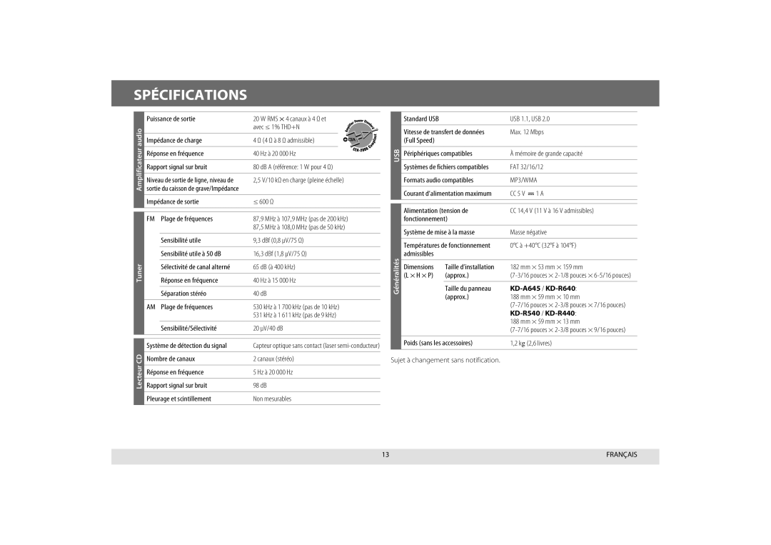 JVC KD-R440, KD-A645, KD-R640, KD-R540 manual Spécifications 