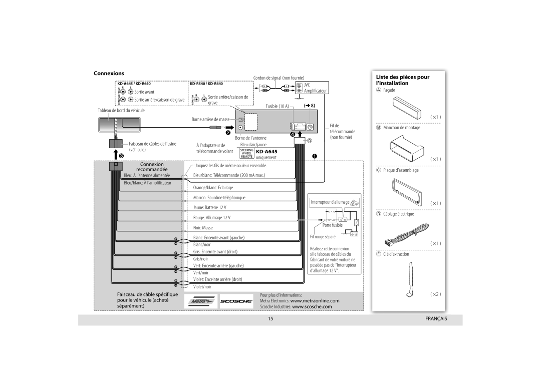 JVC KD-R540, KD-A645, KD-R440, KD-R640 manual Connexions, Liste des pièces pour l’installation, Jvc 