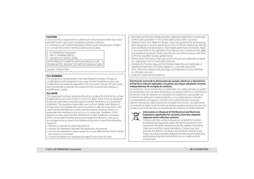 JVC KD-A645, KD-R440, KD-R640, KD-R540 manual Location Bottom Plate, FCC Warning FCC Note, JVC Kenwood Corporation, Dtsmdtjein 