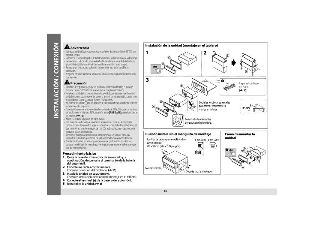 JVC KD-A645 Instalación / Conexión, Instalación de la unidad montaje en el tablero, Procedimiento básico, Advertencia 
