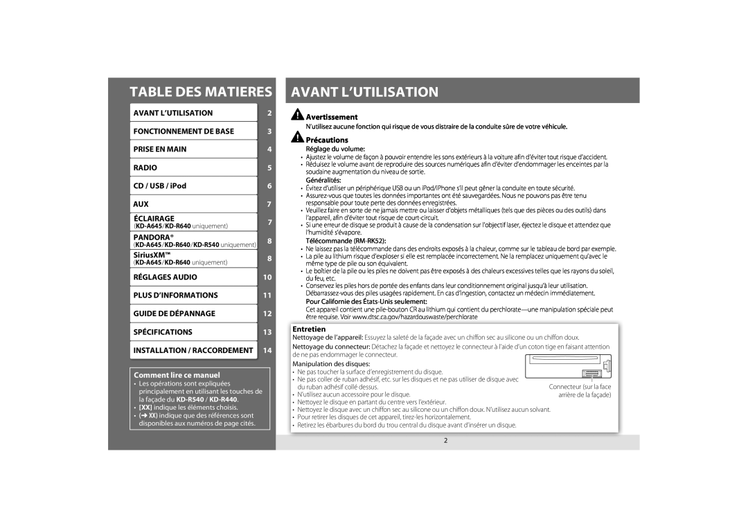 JVC KD-R640 Table Des Matieres, Avant L’Utilisation, Fonctionnement De Base, Prise En Main, Éclairage, Réglages Audio 