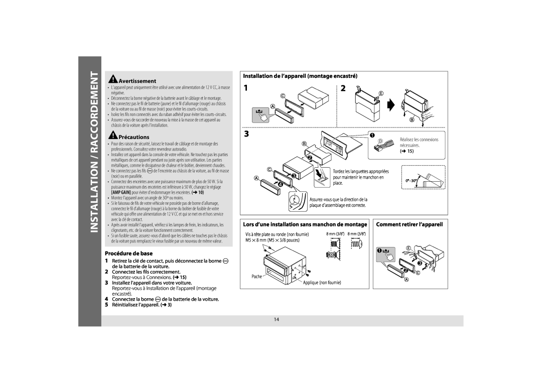 JVC KD-R640 Installation de l’appareil montage encastré, Procédure de base, Installation / Raccordement, Avertissement 