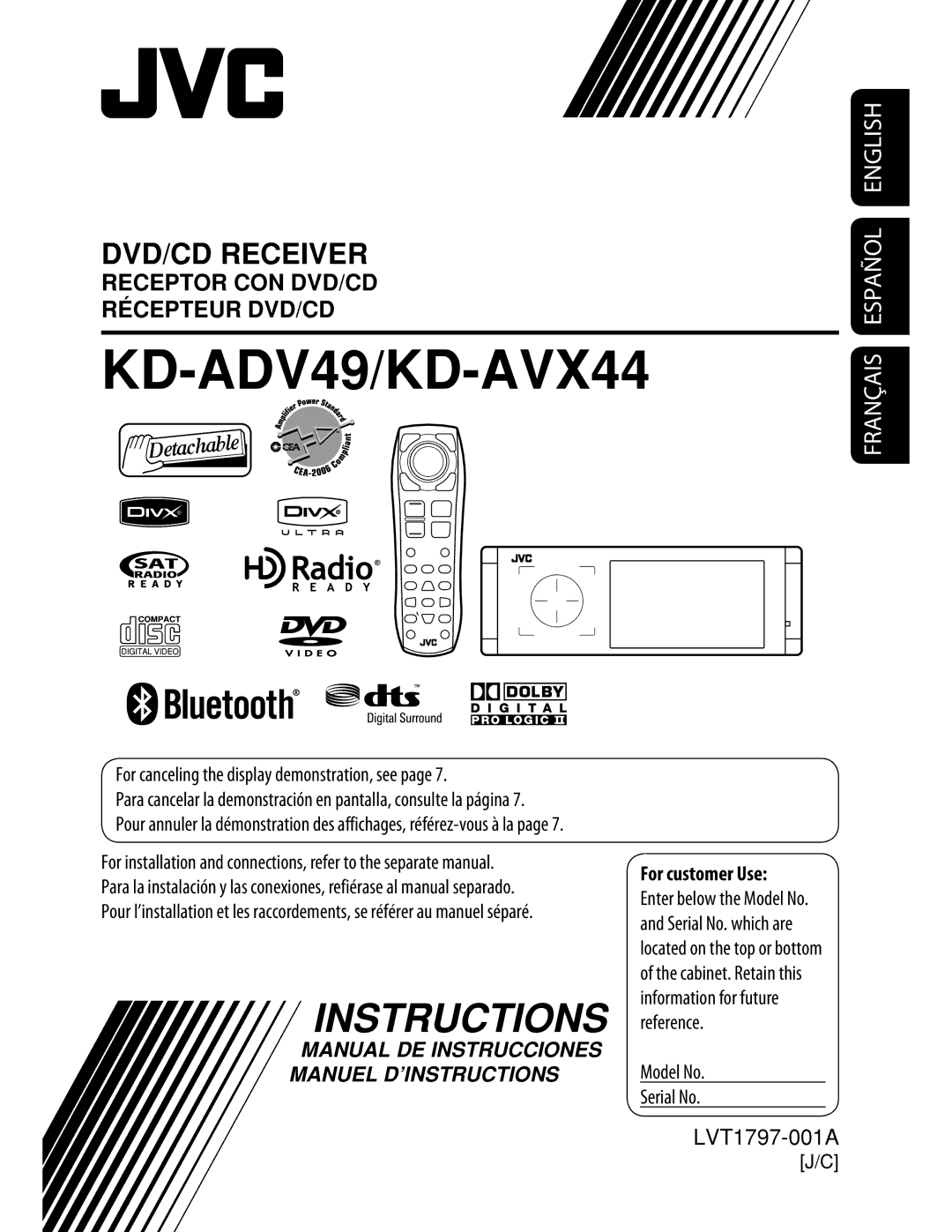 JVC KD-ADV49 manual For canceling the display demonstration, see, Model No Serial No 