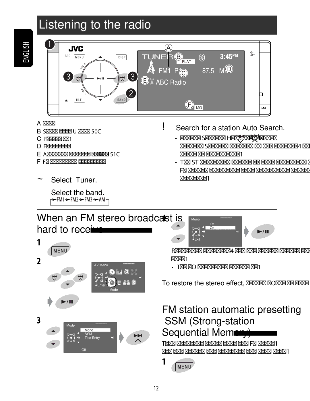 JVC KD-ADV49 manual Listening to the radio, ~ Select Tuner Select the band, Search for a station-Auto Search 