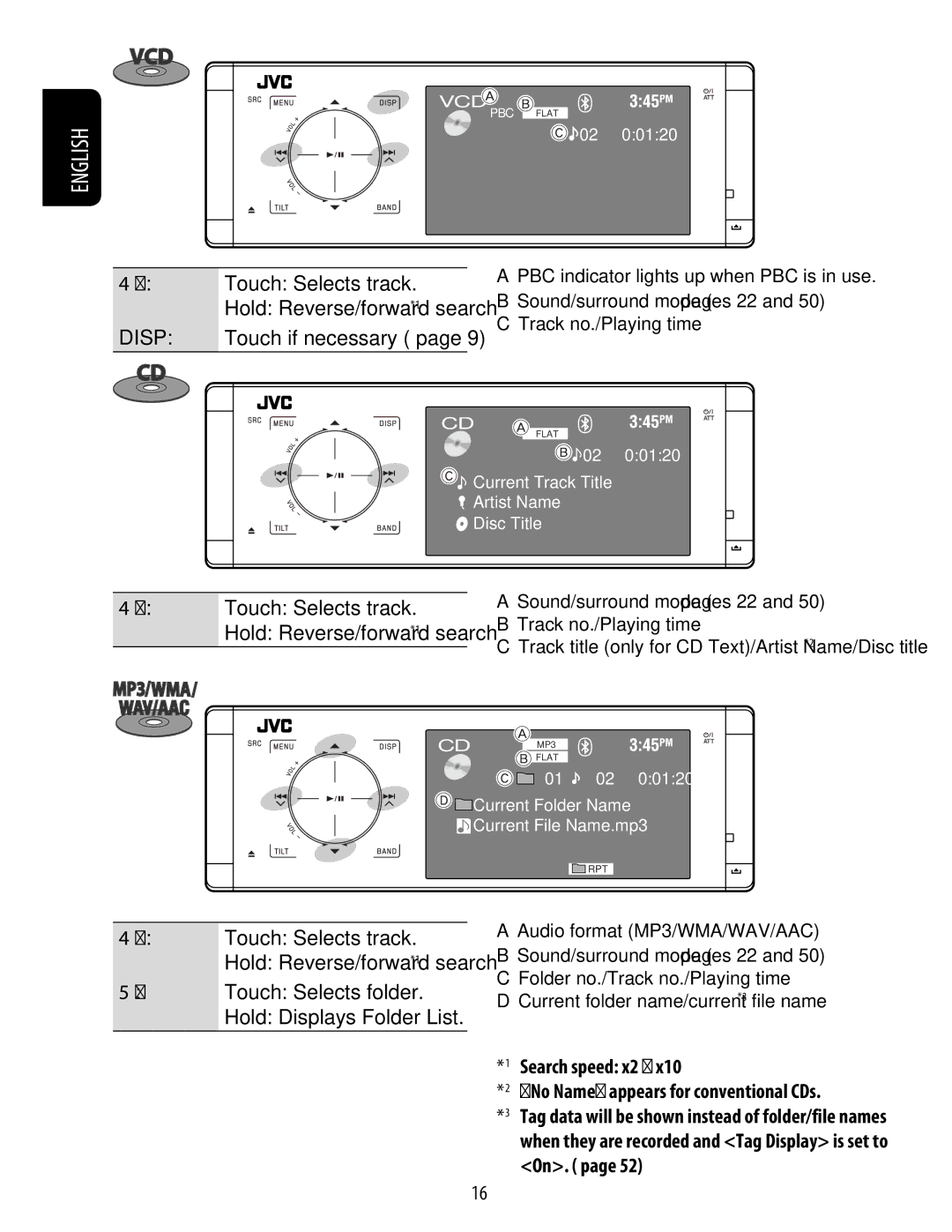 JVC KD-ADV49 manual ¢ Touch Selects track Hold Reverse/forward search*1 