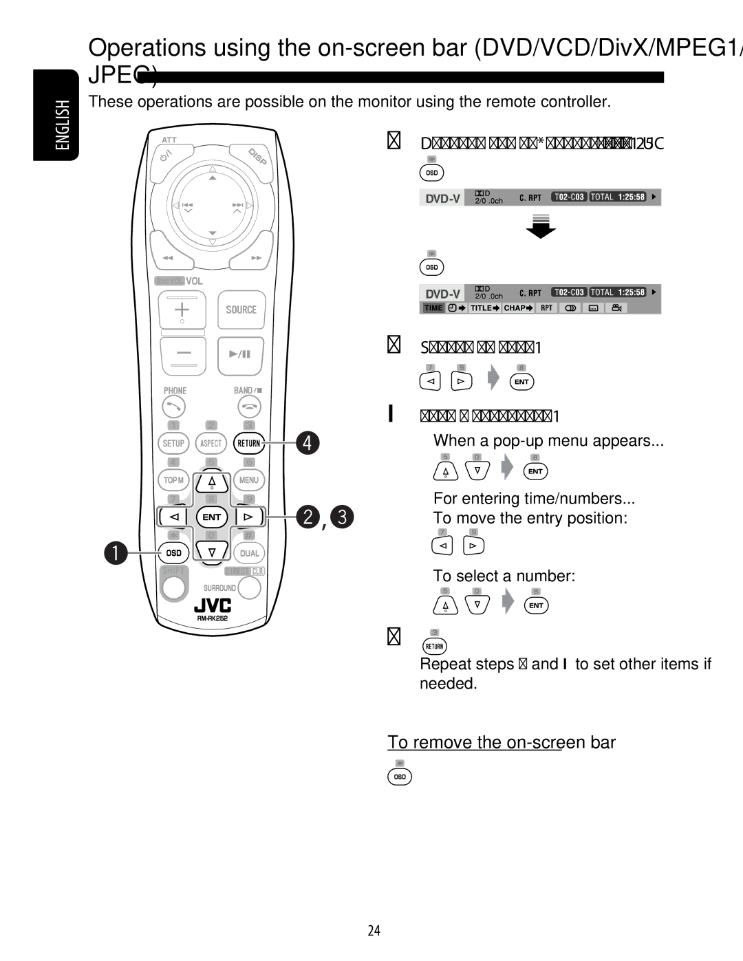 JVC KD-ADV49 manual ~ Display the on-screen bar. Select an item Make a selection, To remove the on-screen bar 