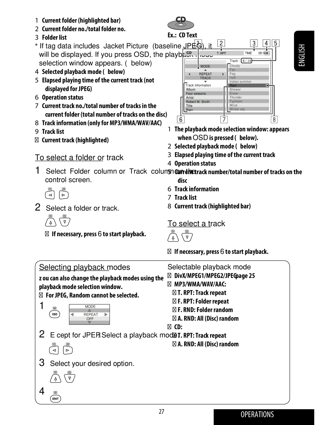 JVC KD-ADV49 manual To select a folder or track, To select a track, Selecting playback modes, Select a folder or track 