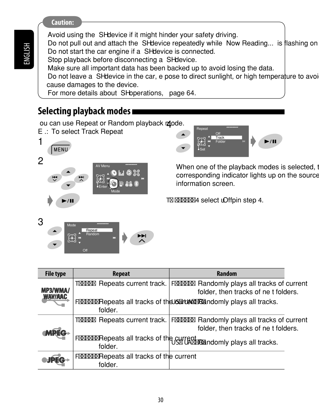 JVC KD-ADV49 manual To cancel, select Off in step, File type Repeat Random Track Repeats current track Folder 