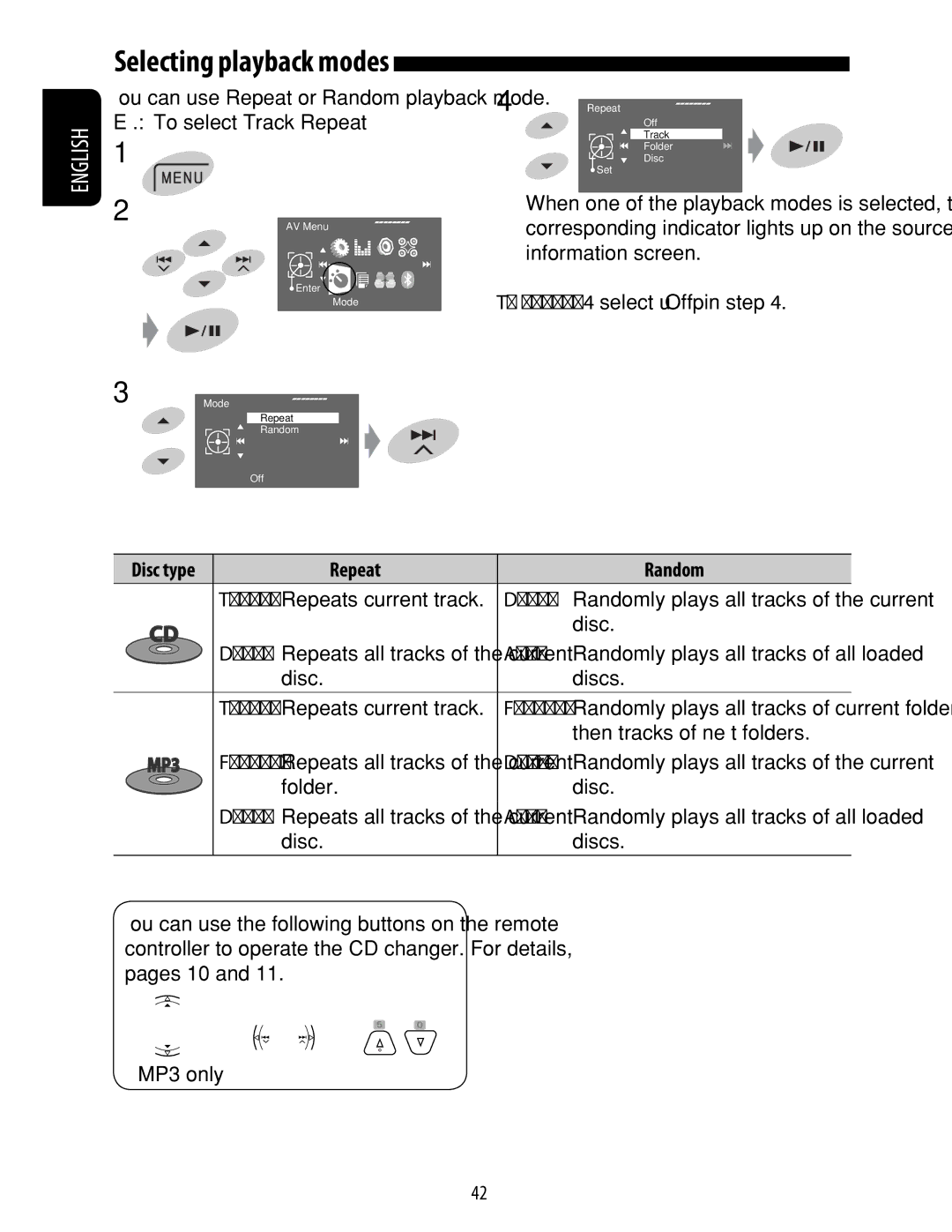 JVC KD-ADV49 manual Disc type Repeat Random, All 