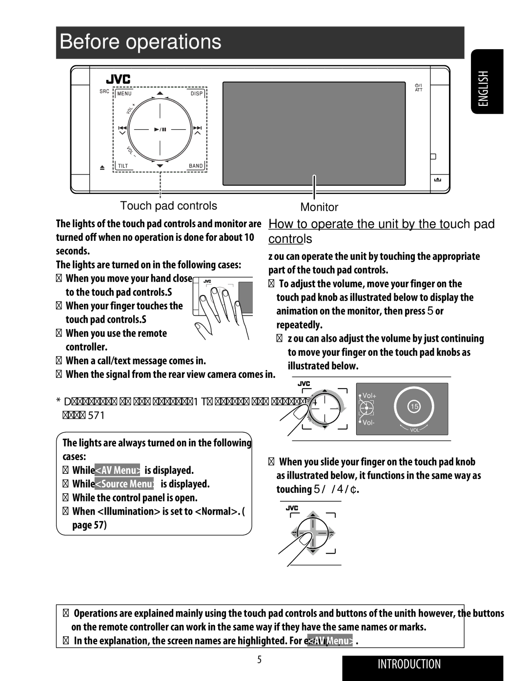 JVC KD-ADV49 manual Before operations, How to operate the unit by the touch pad controls, Touch pad controls, Monitor 