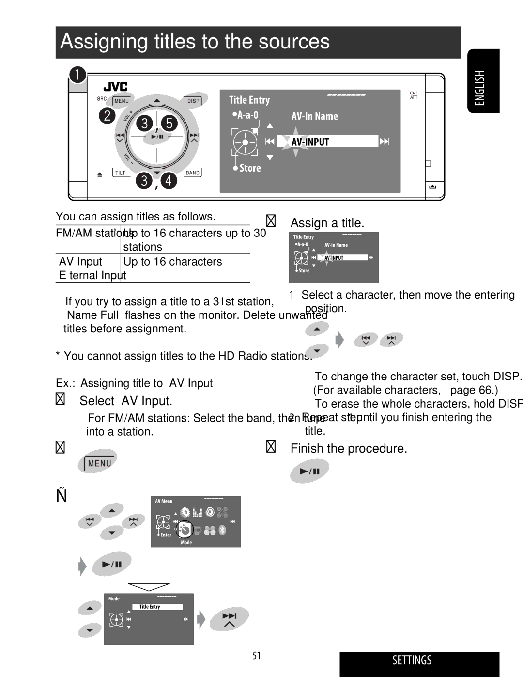 JVC KD-ADV49 manual Assigning titles to the sources, ⁄ Assign a title, @ Finish the procedure, AV Input 