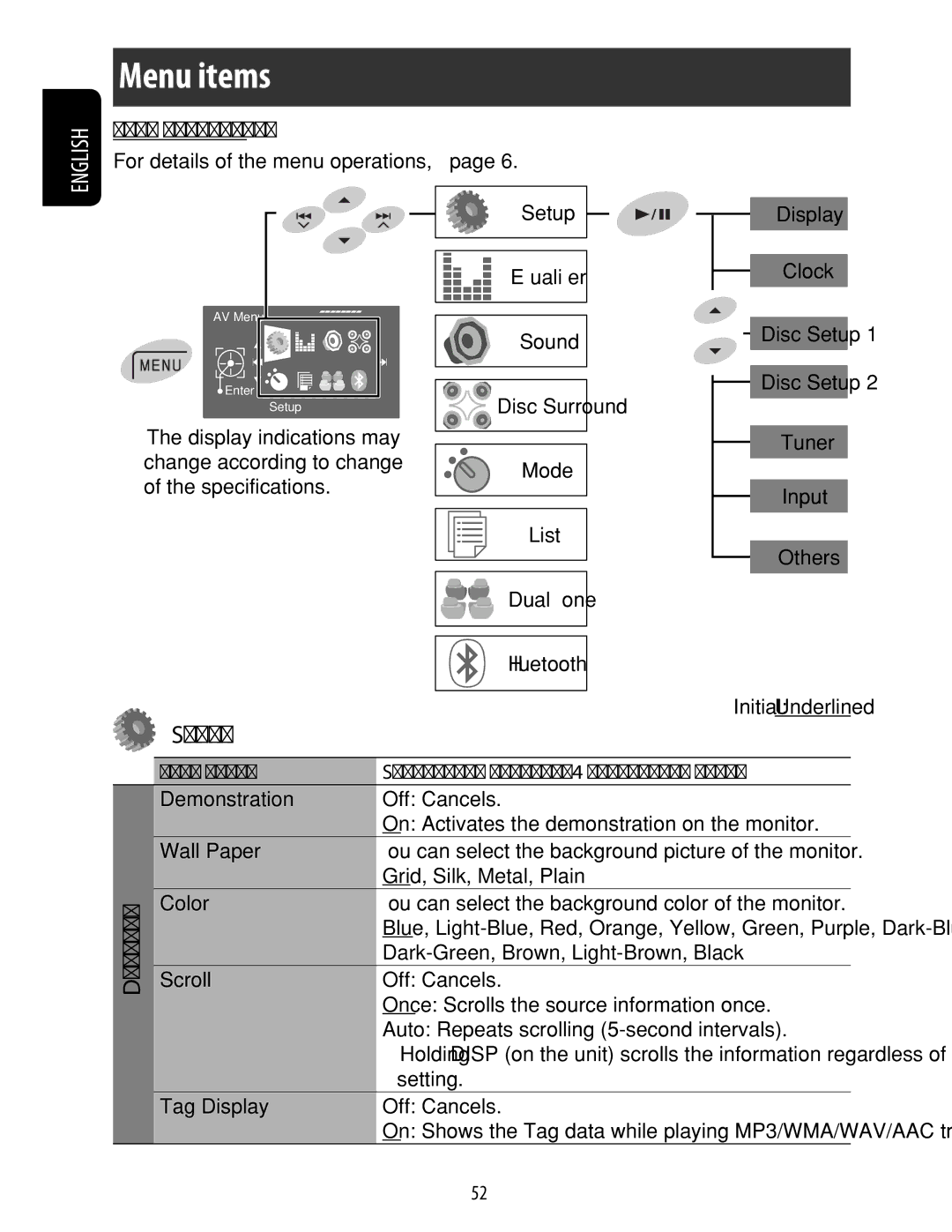 JVC KD-ADV49 manual Menu items, Setup, Menu operations 