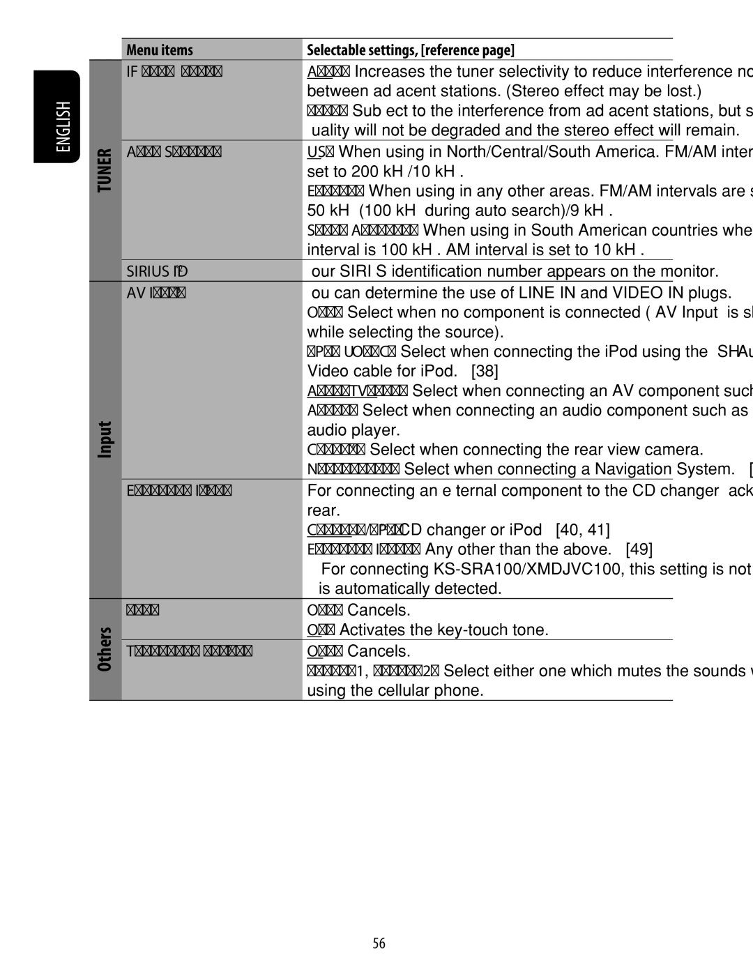 JVC KD-ADV49 manual Input Others, Menu items If Band Width*1 Area Setting, Off Cancels On Activates the key-touch tone 