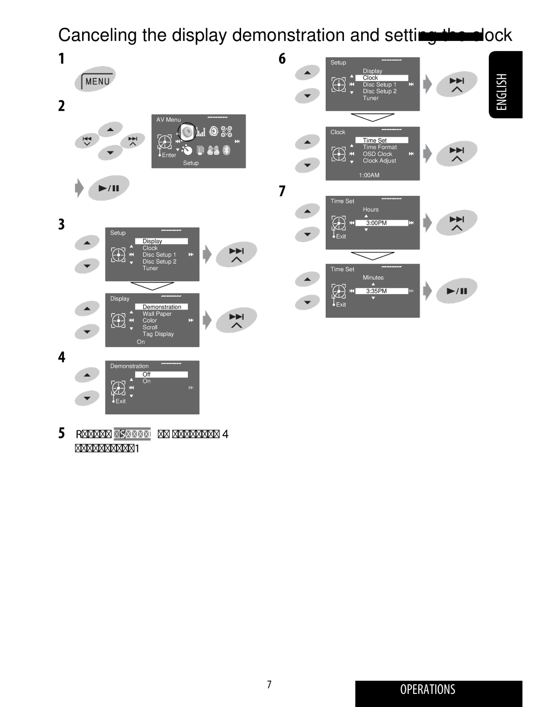 JVC KD-ADV49 manual Canceling the display demonstration and setting the clock, Return to Setup by touching 4 repeatedly 