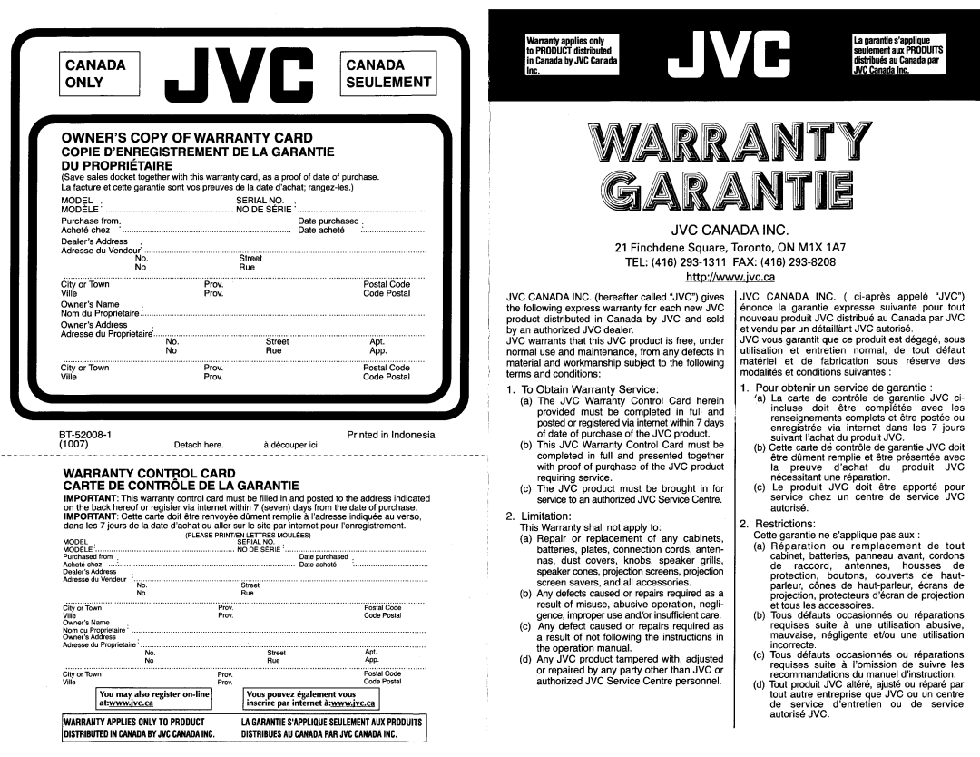 JVC KD-ADV49 manual Warranty Garantii 