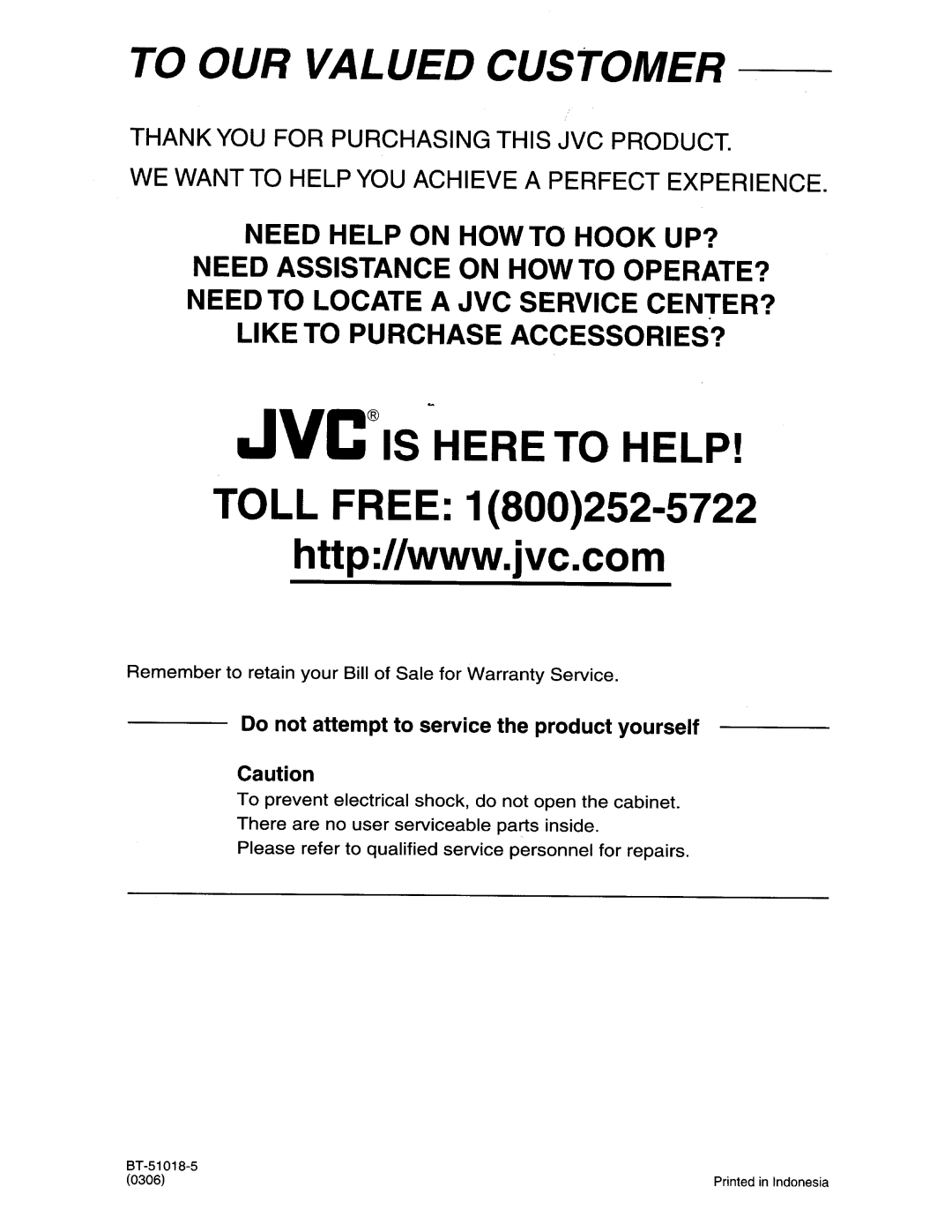 JVC KD-ADV49 manual To OUR Valued Customer 