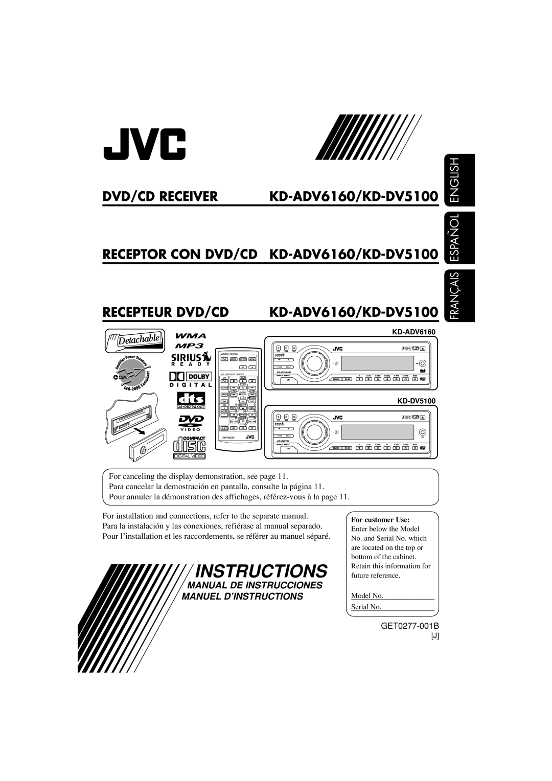 JVC manual Receptor CON DVD/CD KD-ADV6160/KD-DV5100 Recepteur DVD/CD 