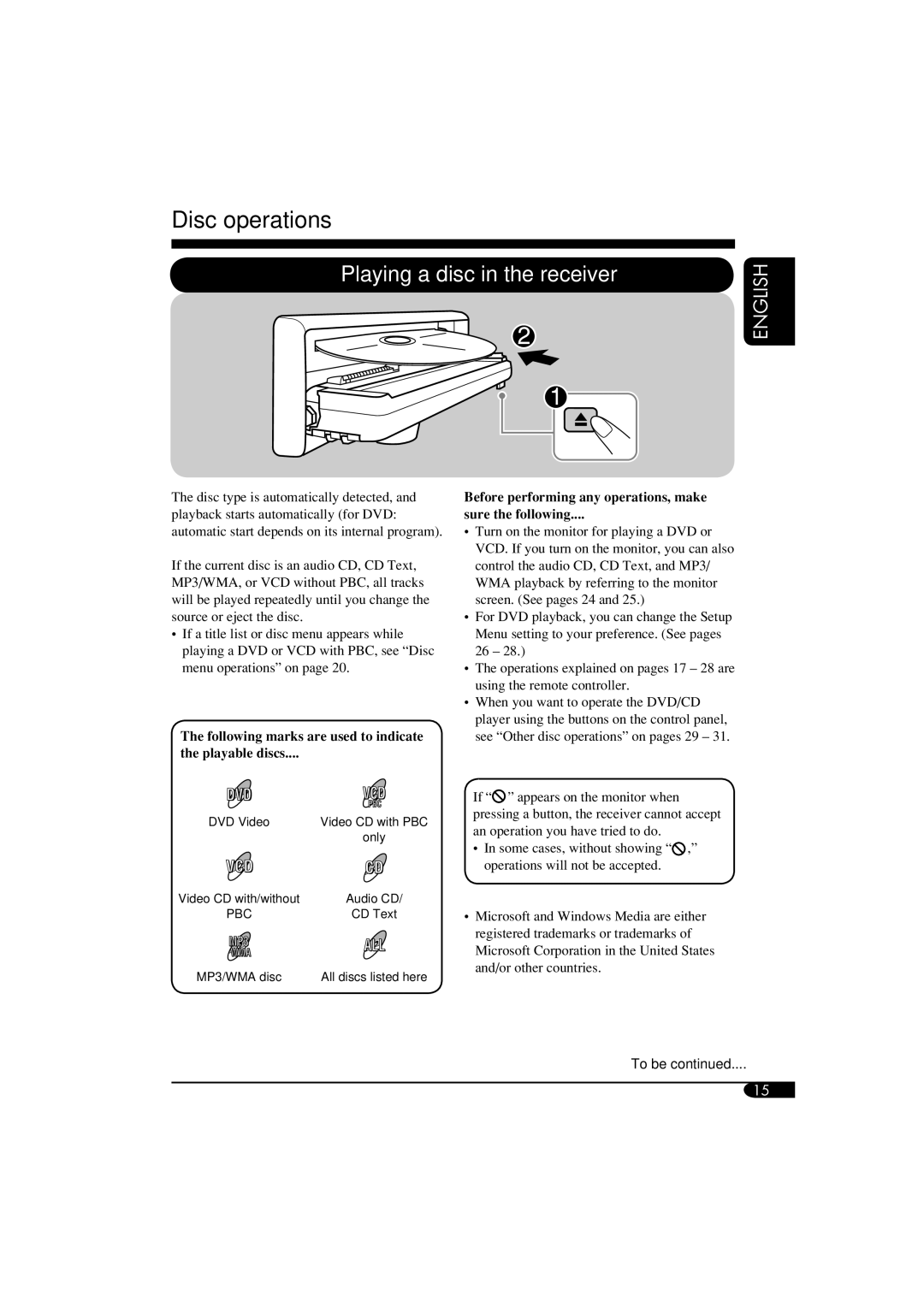 JVC KD-DV5100, KD-ADV6160 manual Disc operations, Following marks are used to indicate Playable discs 