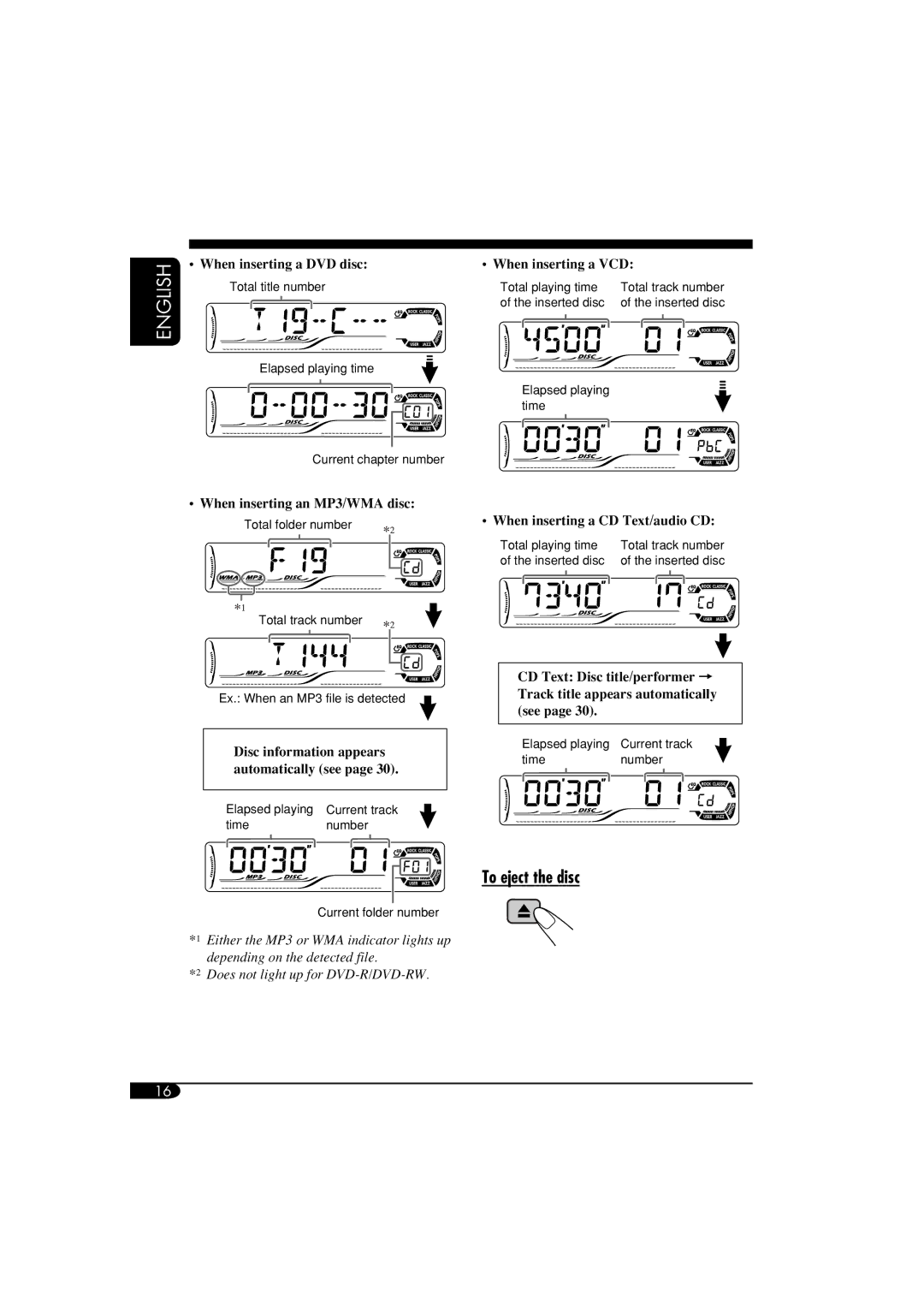 JVC KD-ADV6160, KD-DV5100 manual To eject the disc 