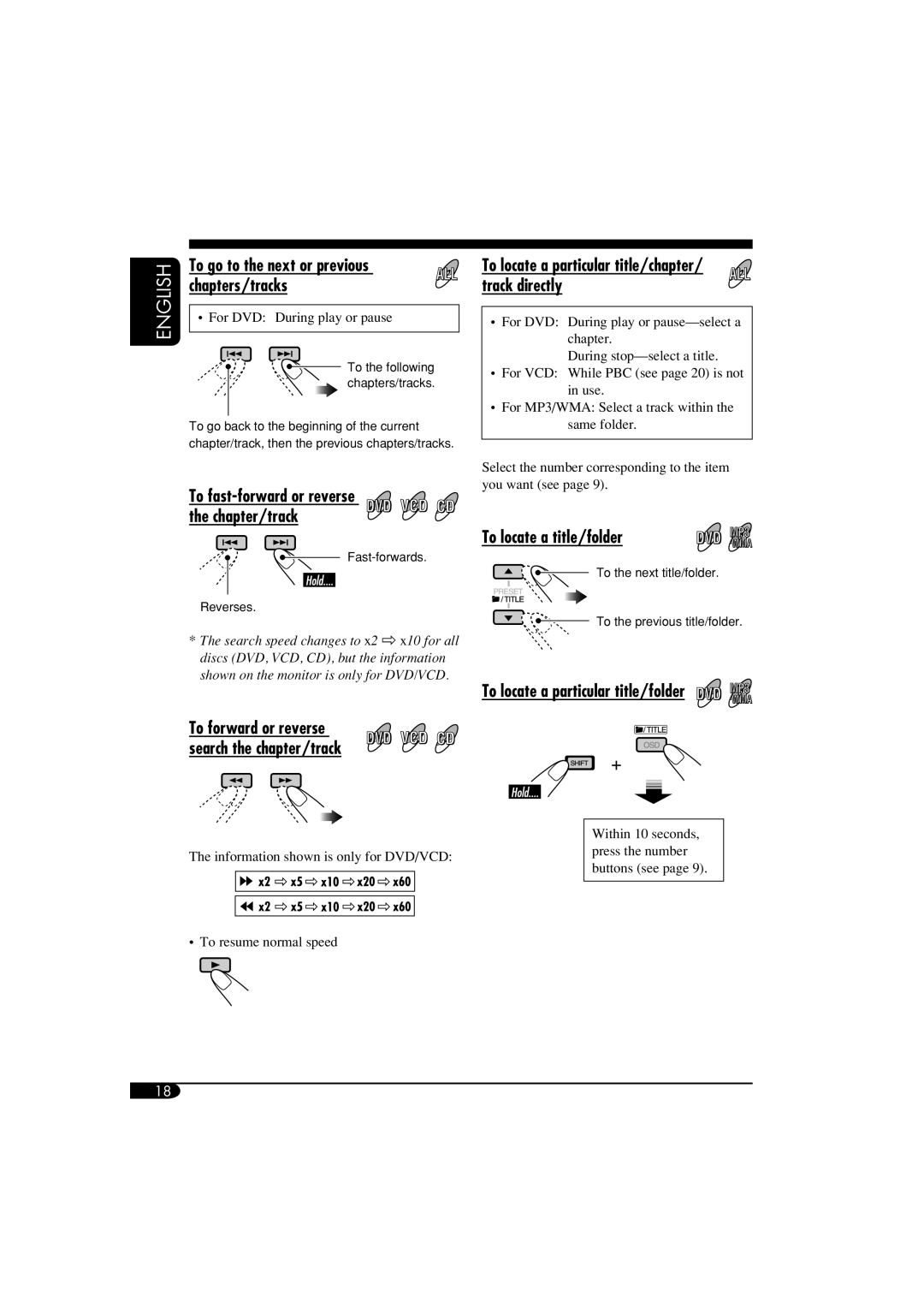 JVC KD-ADV6160 manual To go to the next or previous, Chapters/tracks, To locate a particular title/chapter/ track directly 