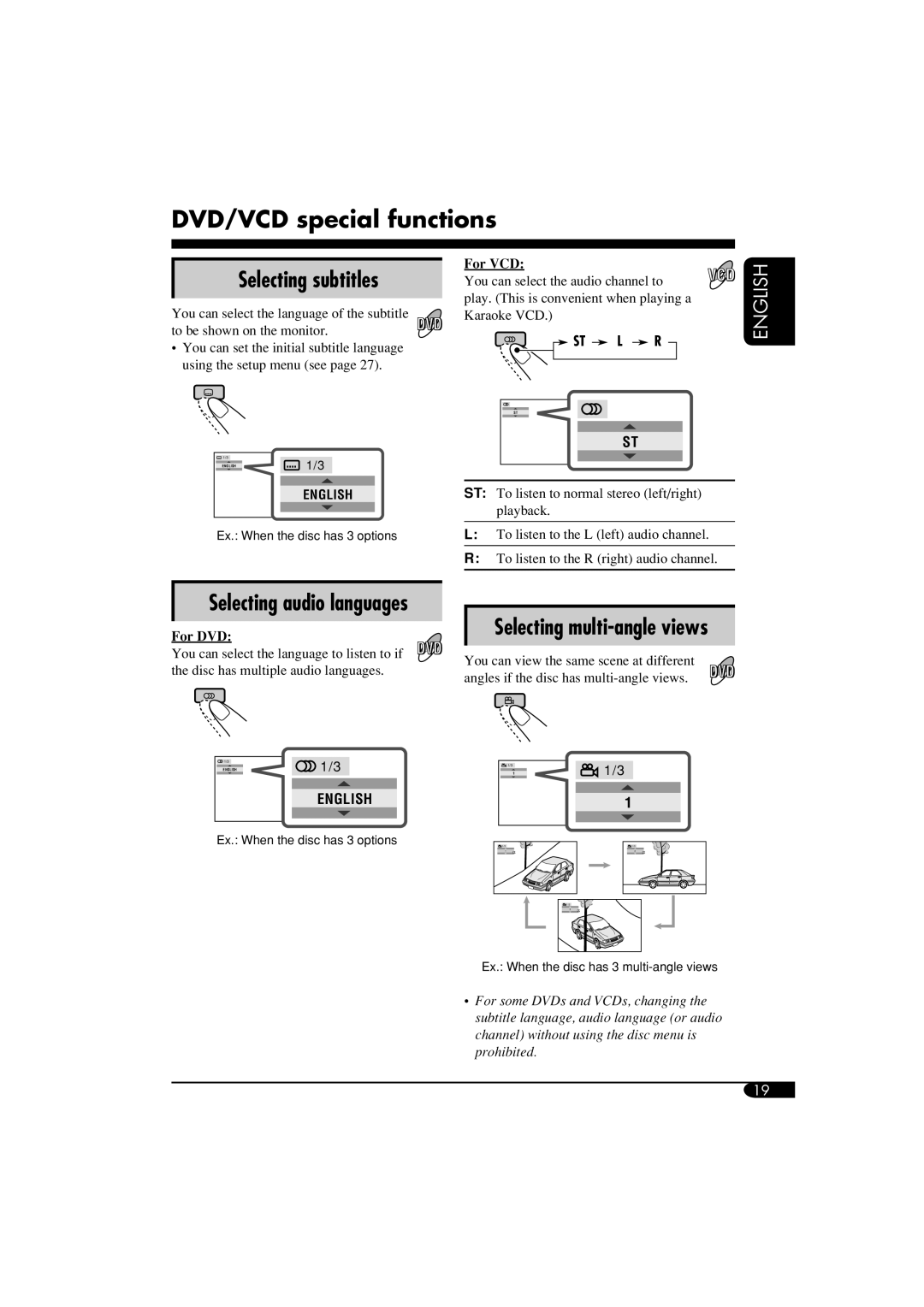 JVC KD-DV5100, KD-ADV6160 DVD/VCD special functions, Selecting subtitles, Selecting multi-angle views, For VCD, For DVD 