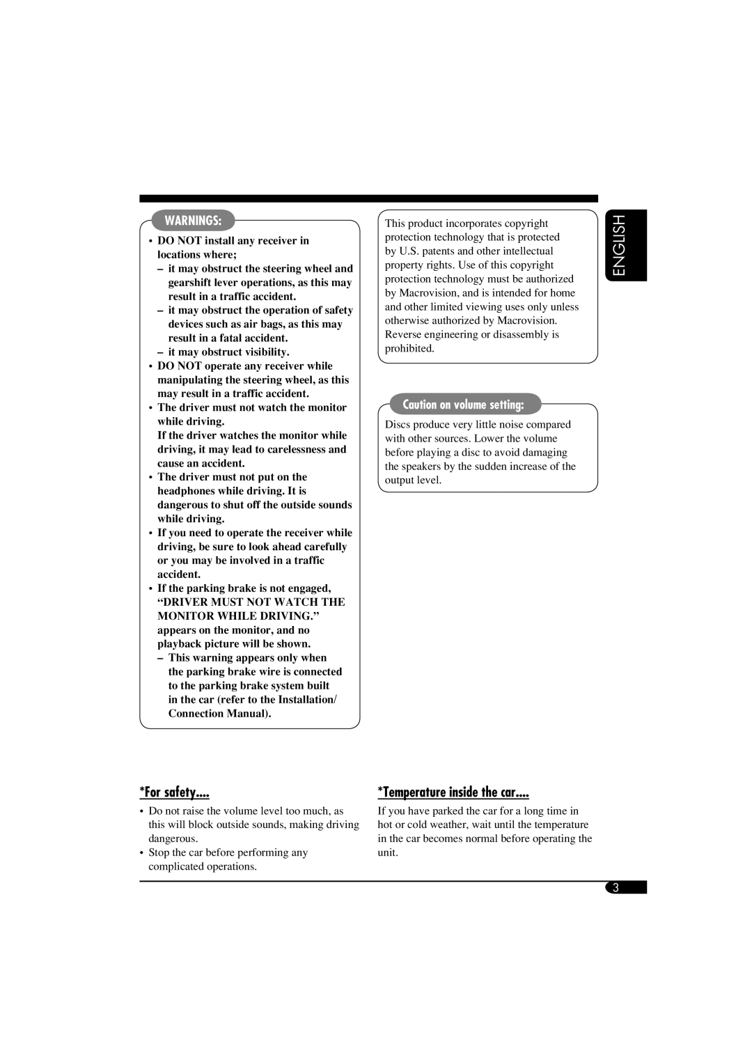 JVC KD-DV5100, KD-ADV6160 manual For safety, Temperature inside the car 