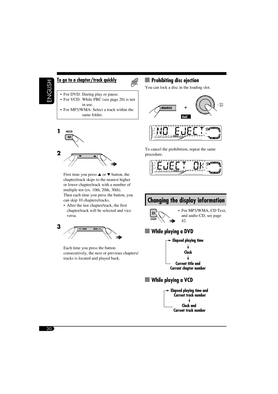 JVC KD-ADV6160, KD-DV5100 manual Prohibiting disc ejection, To go to a chapter/track quickly 