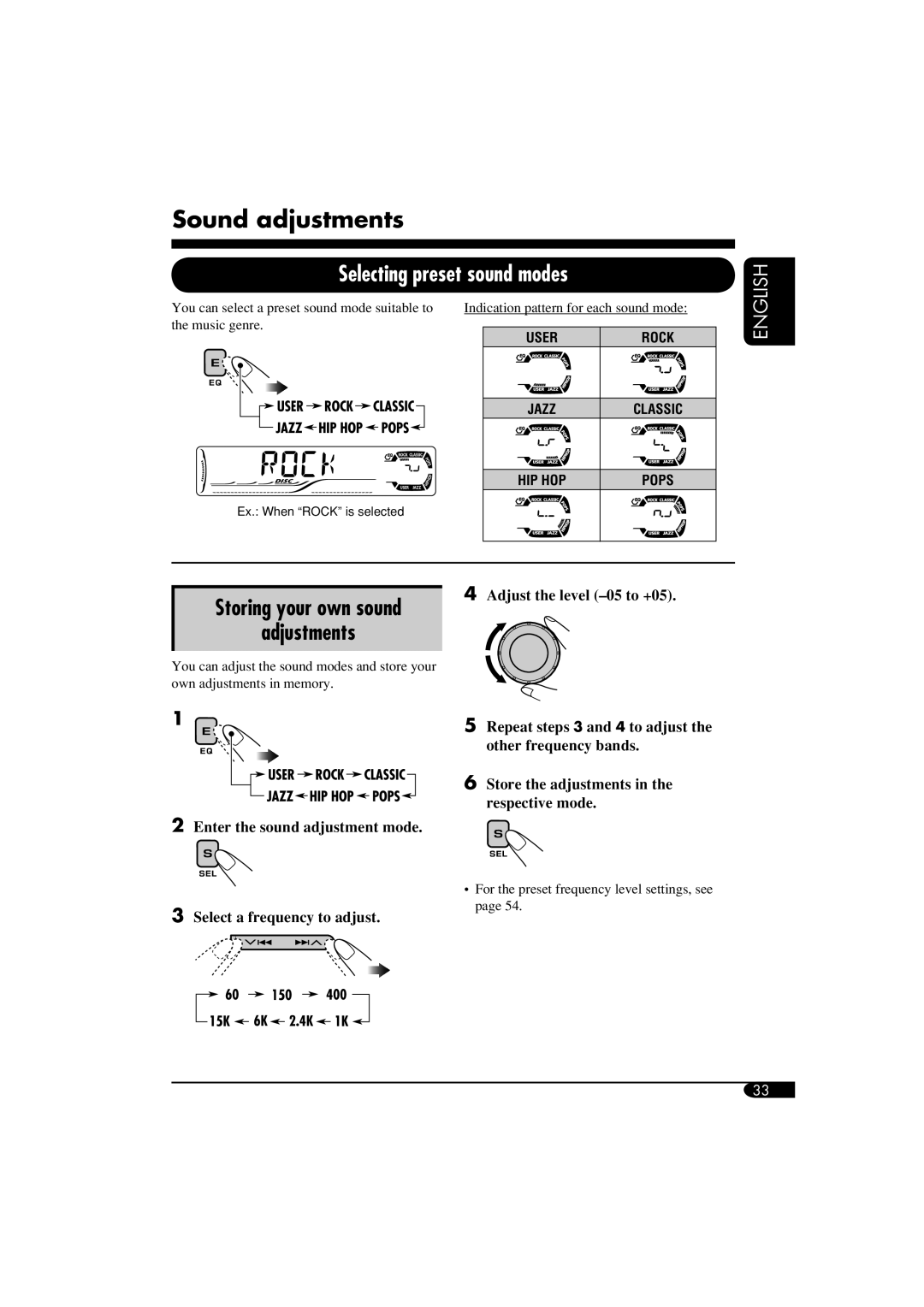 JVC KD-DV5100, KD-ADV6160 manual Sound adjustments, Adjustments, Adjust the level -05 to +05 